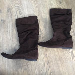 Brown faux suede calf high boots
